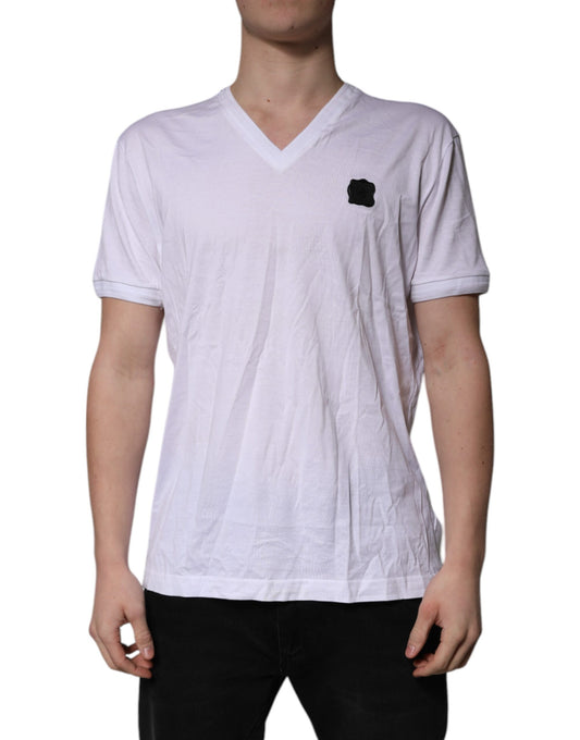 Dolce &amp; Gabbana Hvit Bomulls-T-skjorte med Logo-lapp og V-hals