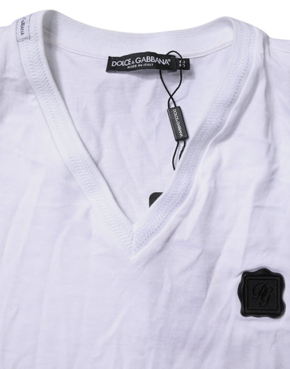 Dolce &amp; Gabbana Hvit Bomulls-T-skjorte med Logo-lapp og V-hals
