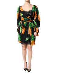 Dolce & Gabbana Black Silk Pineapple Draped Print Wrap Dress