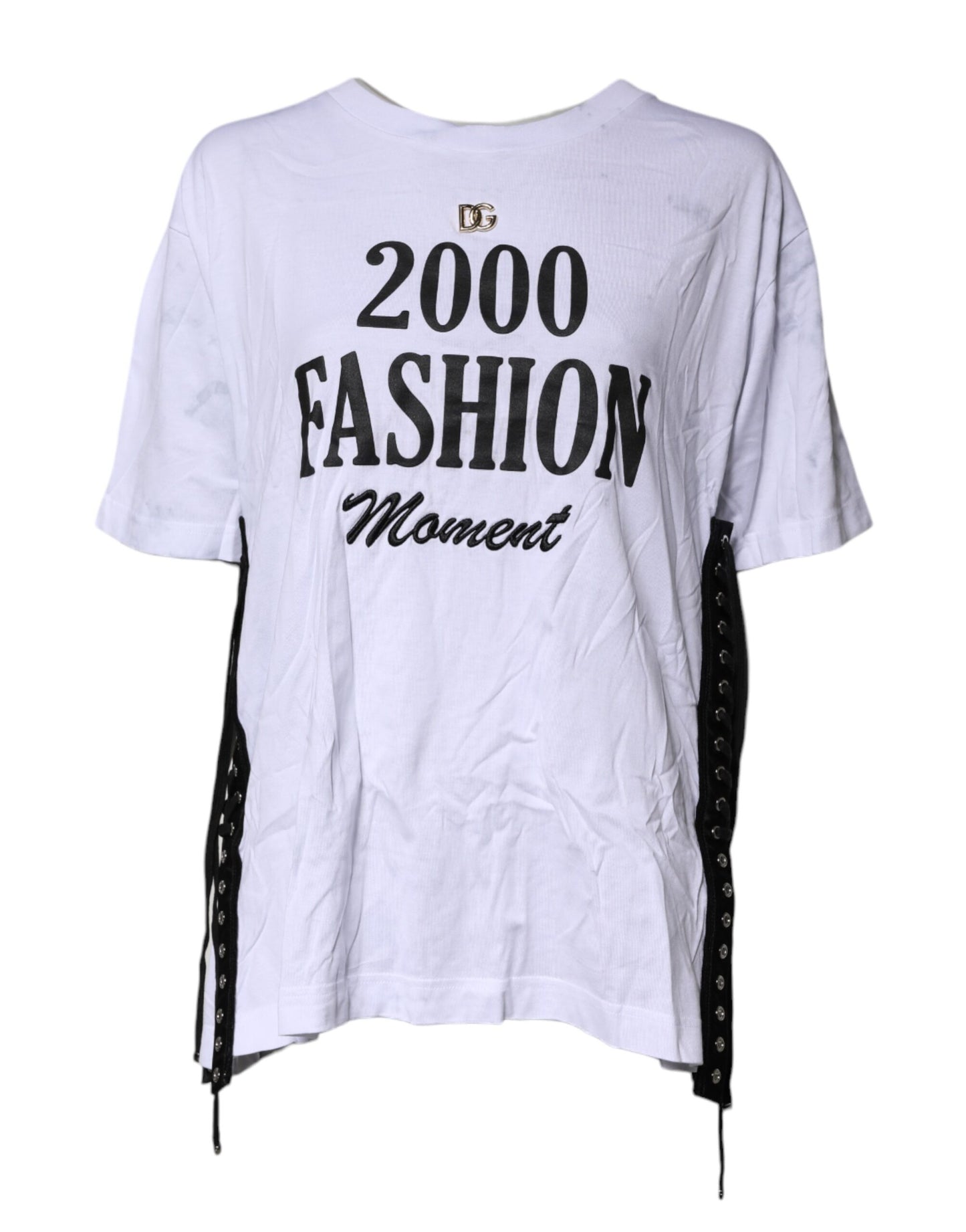 Dolce &amp; Gabbana Vit Mönstrad Snörad Bomulls-T-shirt Med Rund Hals