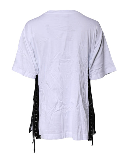 Dolce &amp; Gabbana Vit Mönstrad Snörad Bomulls-T-shirt Med Rund Hals