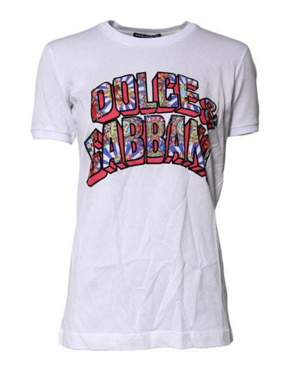 Dolce &amp; Gabbana Vit bomulls-t-shirt med logotyp och rund halsringning