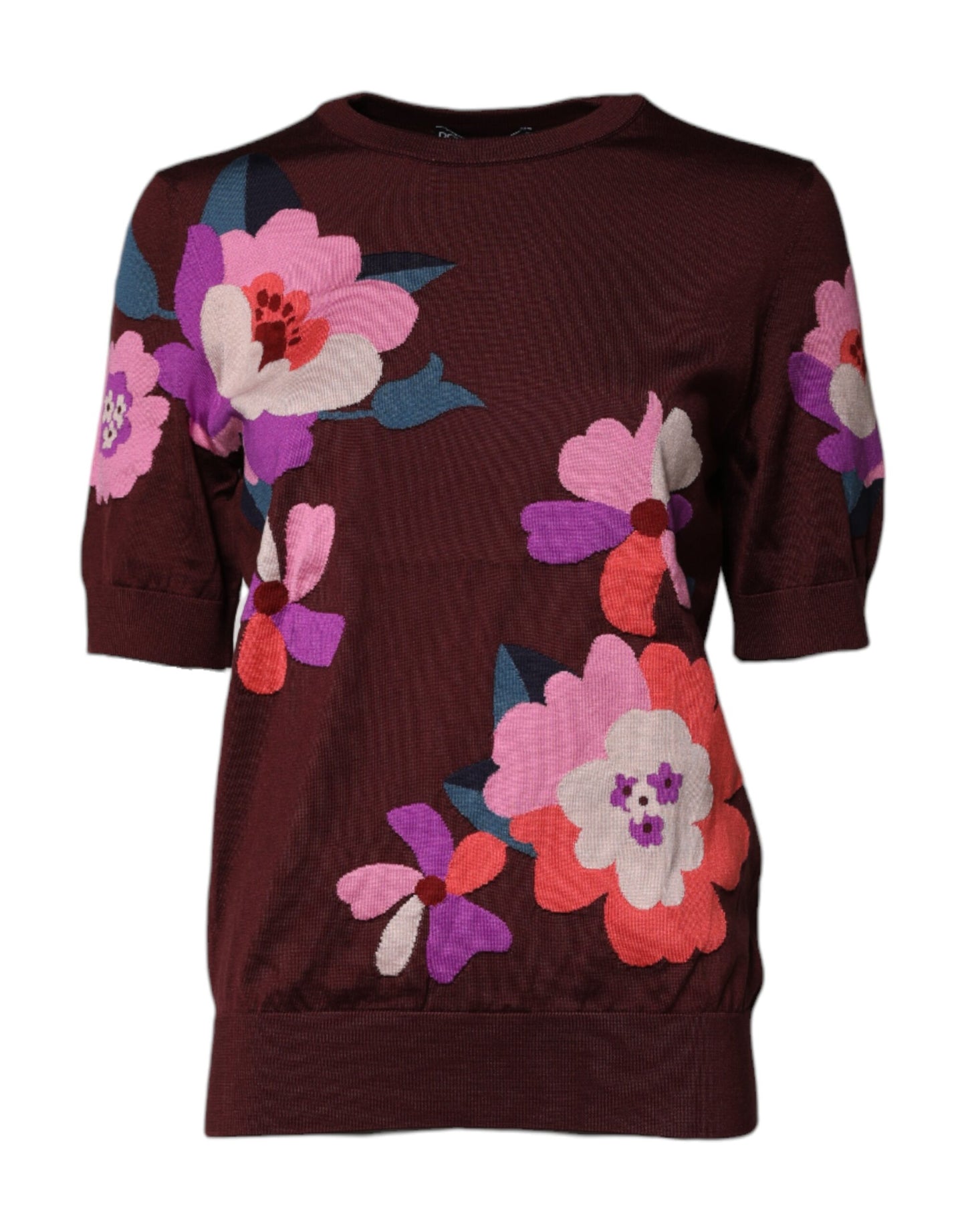 Dolce &amp; Gabbana Rödbrun Blommig Sidenblus med Rund Halsringning