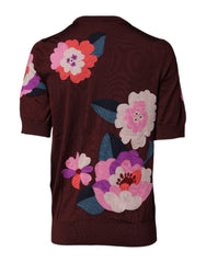 Dolce & Gabbana Maroon Floral Silk Crew Neck Blouse Top