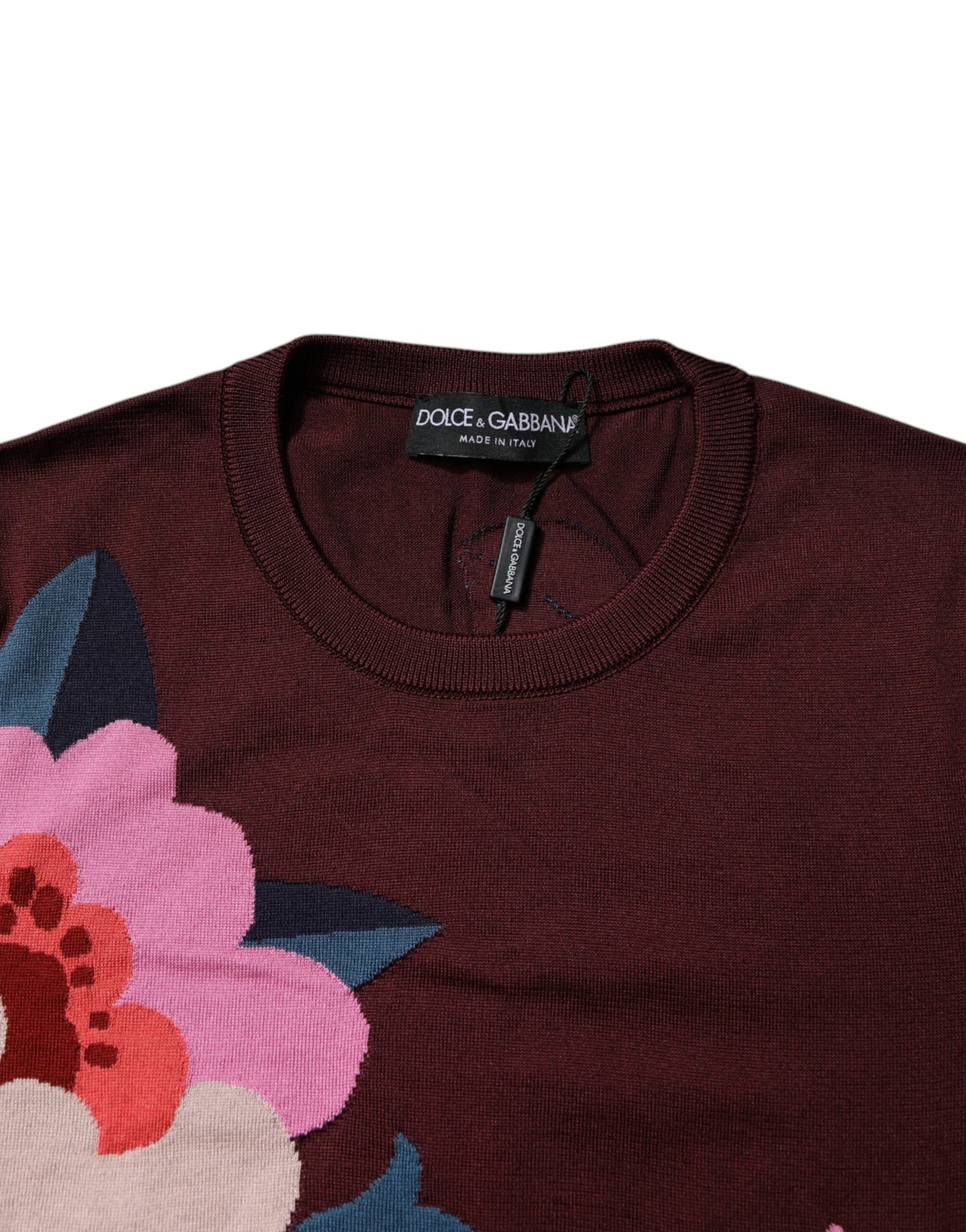 Dolce &amp; Gabbana Rödbrun Blommig Sidenblus med Rund Halsringning