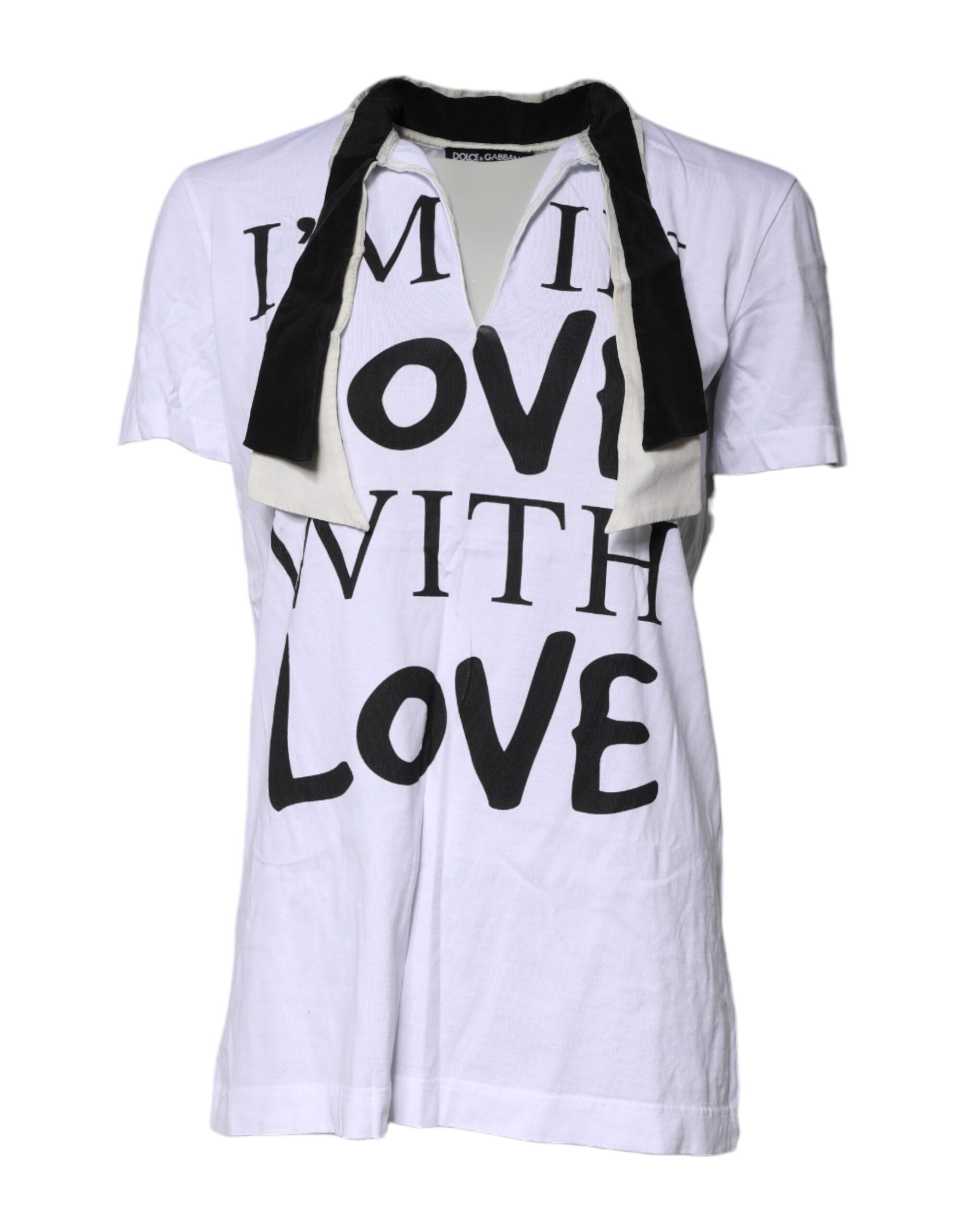 Dolce & Gabbana White Cotton Silk Blend Ascot Collar T-shirt