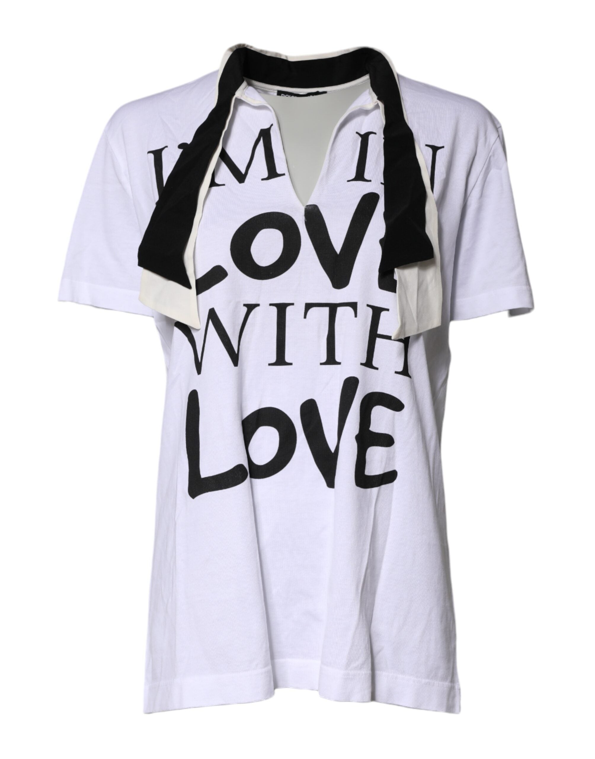 Dolce & Gabbana White Cotton Silk Blend Ascot Collar T-shirt