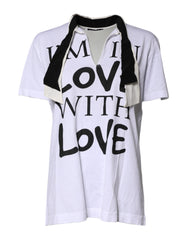 Dolce & Gabbana White Cotton Silk Blend Ascot Collar T-shirt