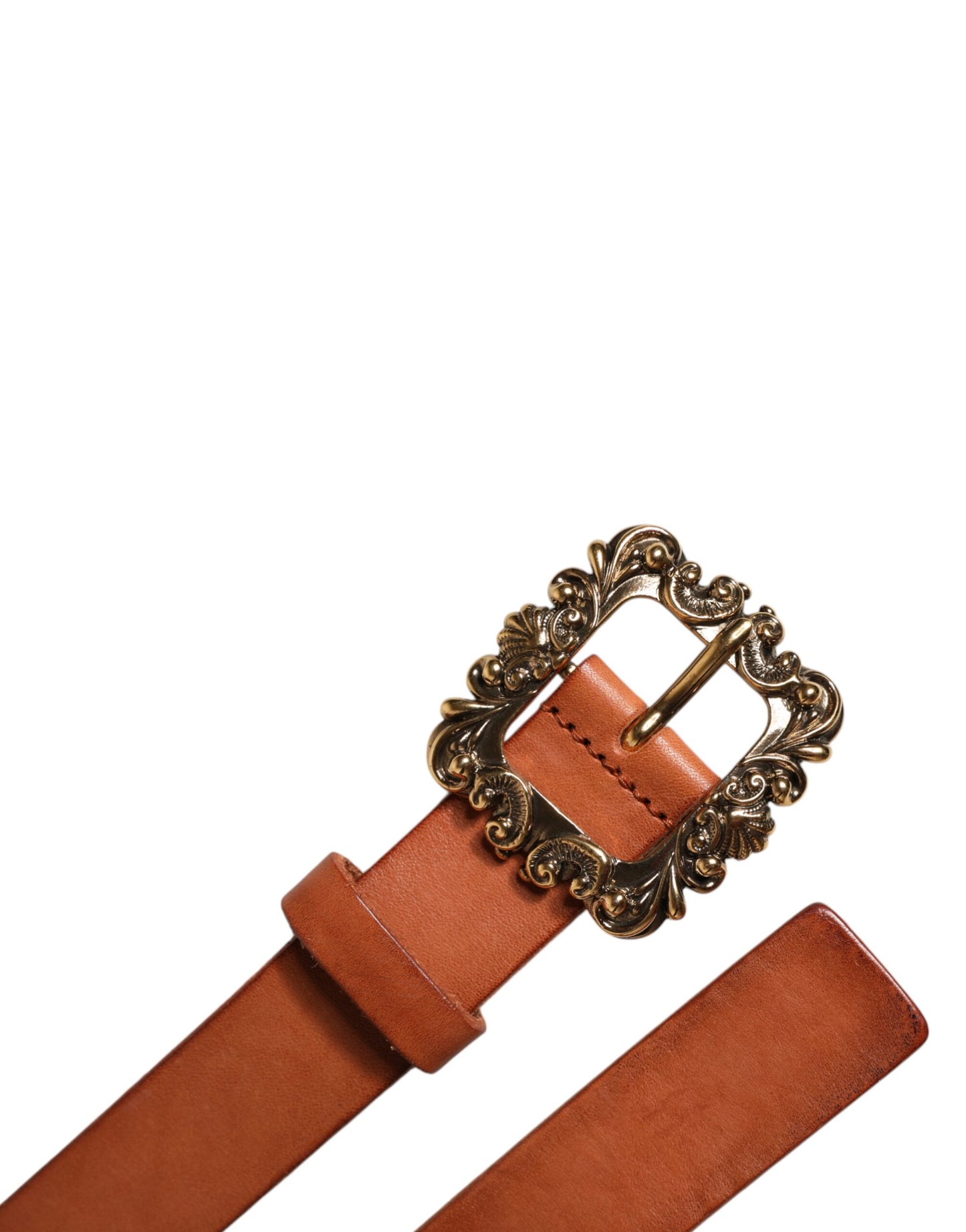 Dolce & Gabbana Brown Leather Gold Metal Baroque Buckle Belt