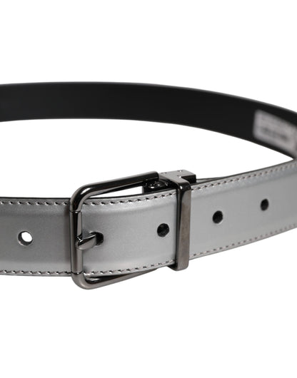 Dolce & Gabbana Silver Leather Classic Metal Logo Buckle Belt