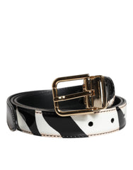 Dolce & Gabbana Black White Zebra Gold Metal Logo Buckle Belt