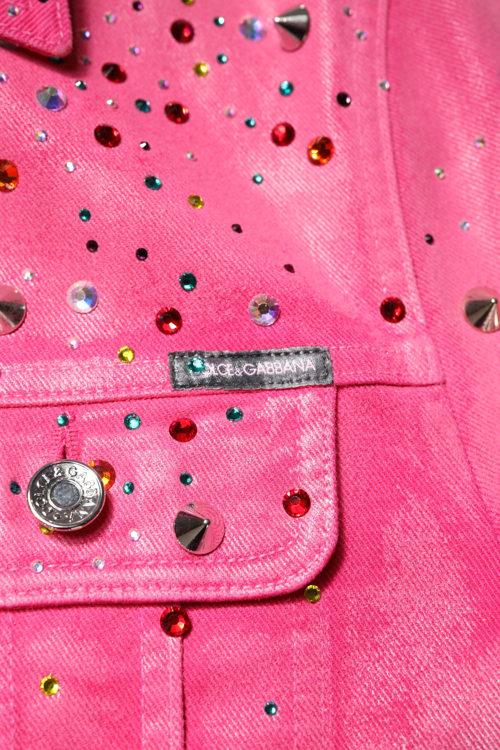 Dolce & Gabbana Pink Crystal Embellished Cotton Denim Jacket