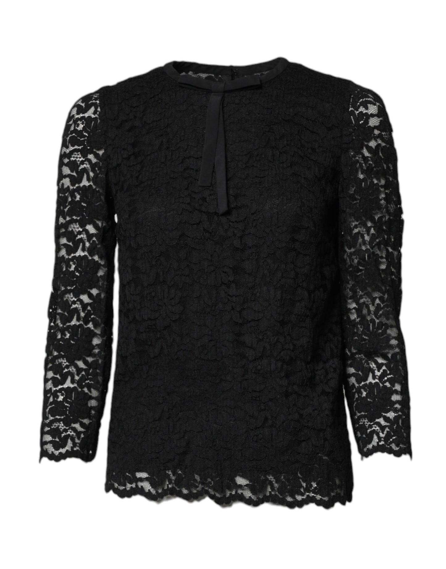 Dolce &amp; Gabbana svart blondetopp med rund hals og lange ermer