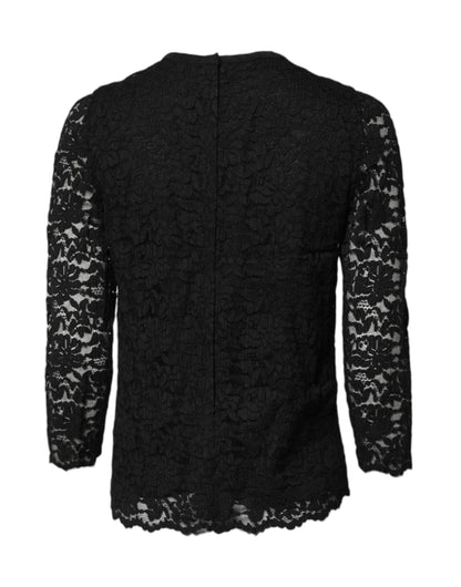 Dolce &amp; Gabbana svart blondetopp med rund hals og lange ermer