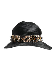 Dolce & Gabbana Black Straw Crystal Embellished Wide Brim Hat