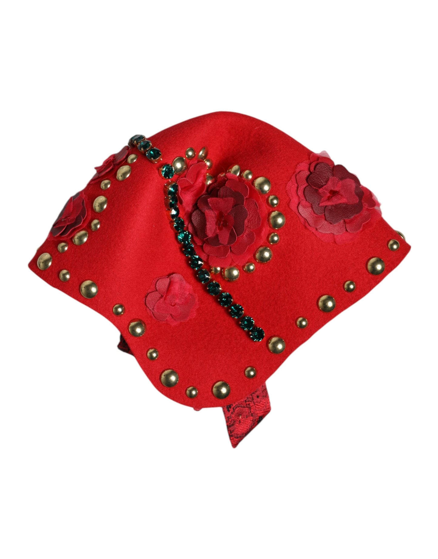 Dolce & Gabbana Red Crystal Gold Roses Brooch Embellished Hat