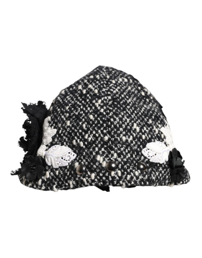 Dolce & Gabbana Black Wool White Floral Embellished Cloche Hat