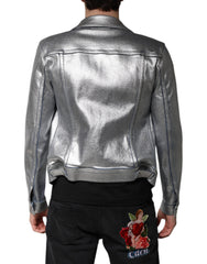 Dolce & Gabbana Silver Cotton Button Down Denim Biker Jacket