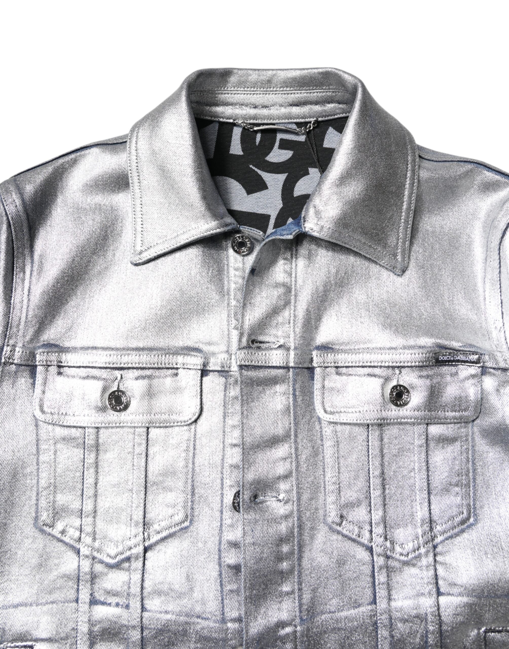 Dolce & Gabbana Silver Cotton Button Down Denim Biker Jacket