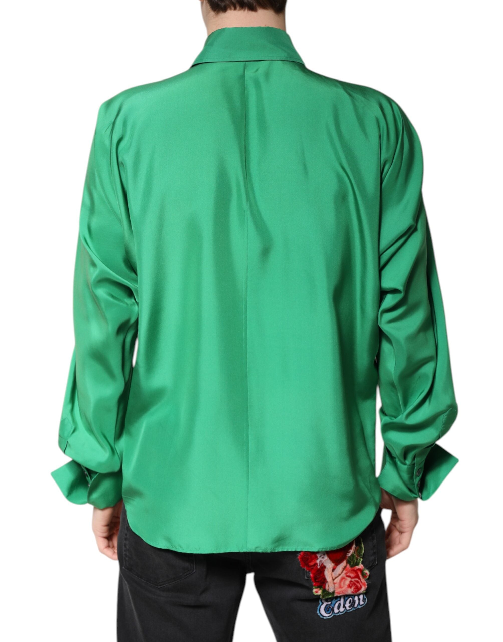 Dolce & Gabbana Green Silk Satin Long Sleeves Casual Shirt