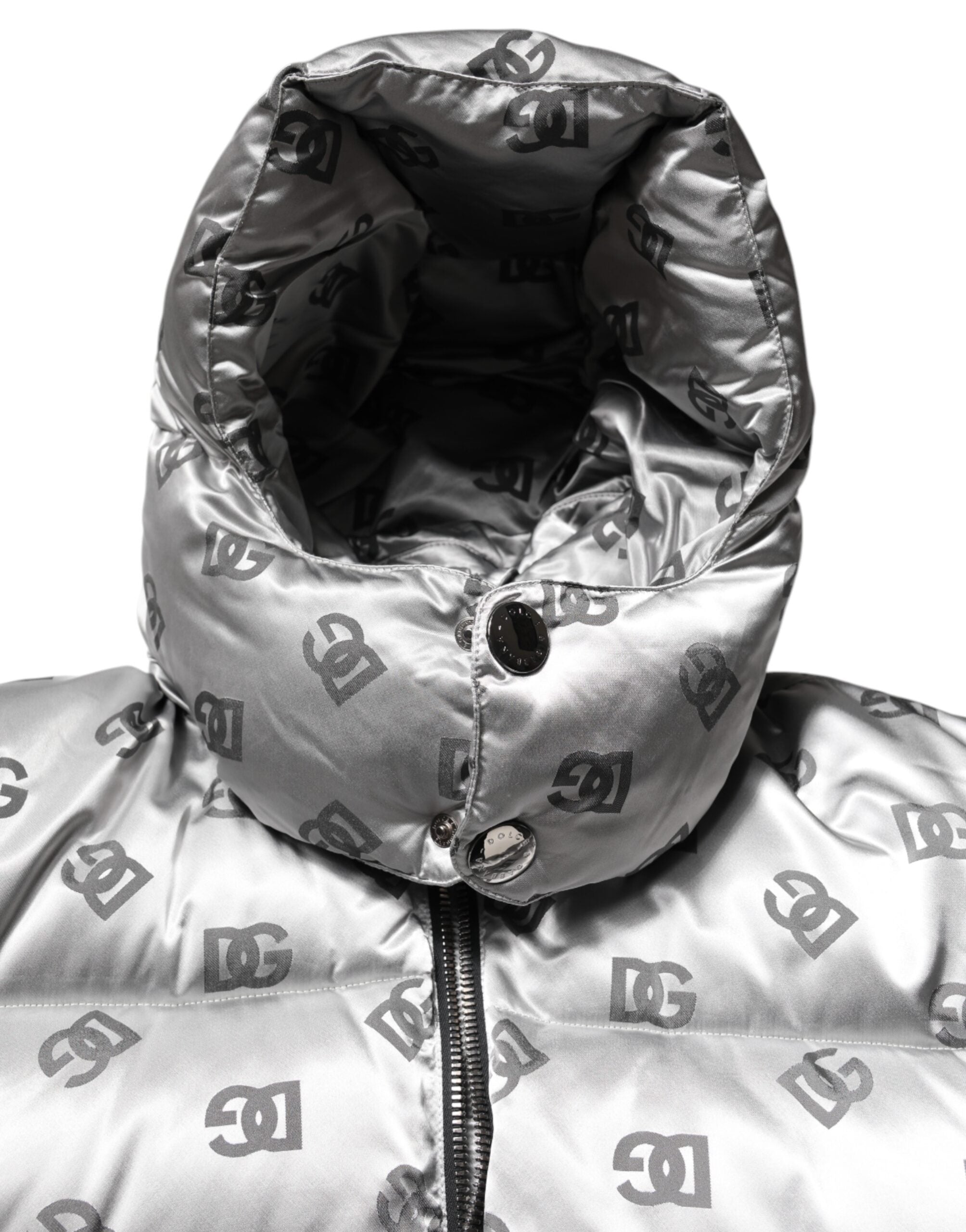 Dolce & Gabbana Silver Logo Full Zip Hooded Quilted Jacket