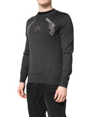 Dolce & Gabbana Gray Embroidery Knit Men Pullover Sweater