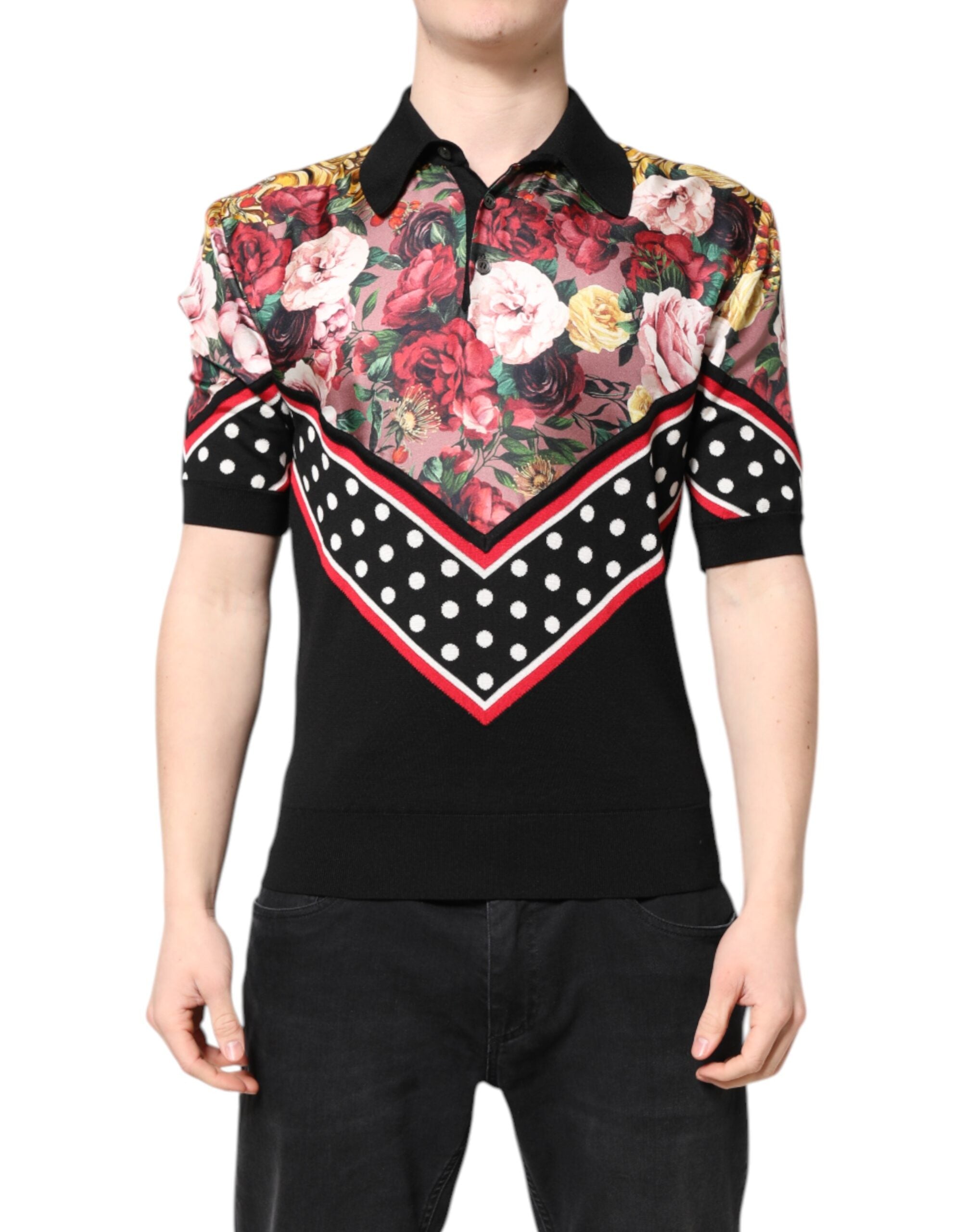 Svart blommig krage kortärmad t-shirt