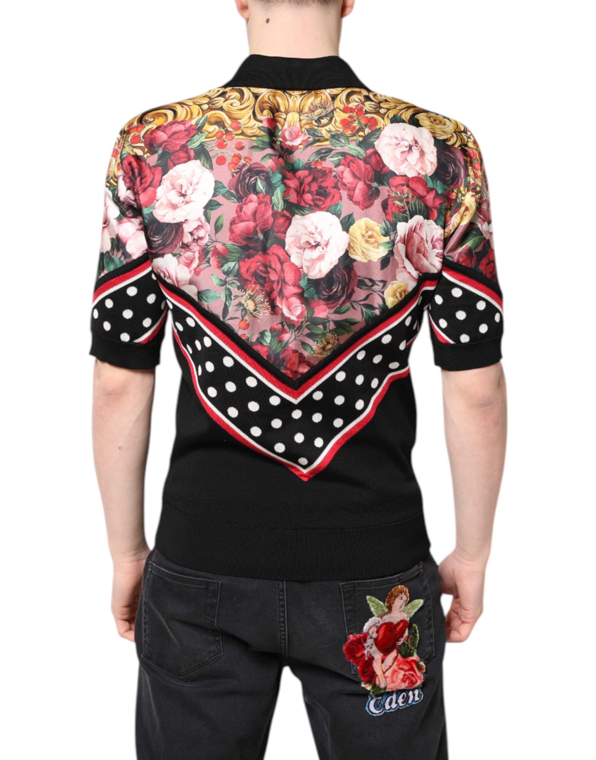Svart blommig krage kortärmad t-shirt