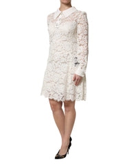 Dolce & Gabbana White Floral Lace Long Sleeves Shift Dress