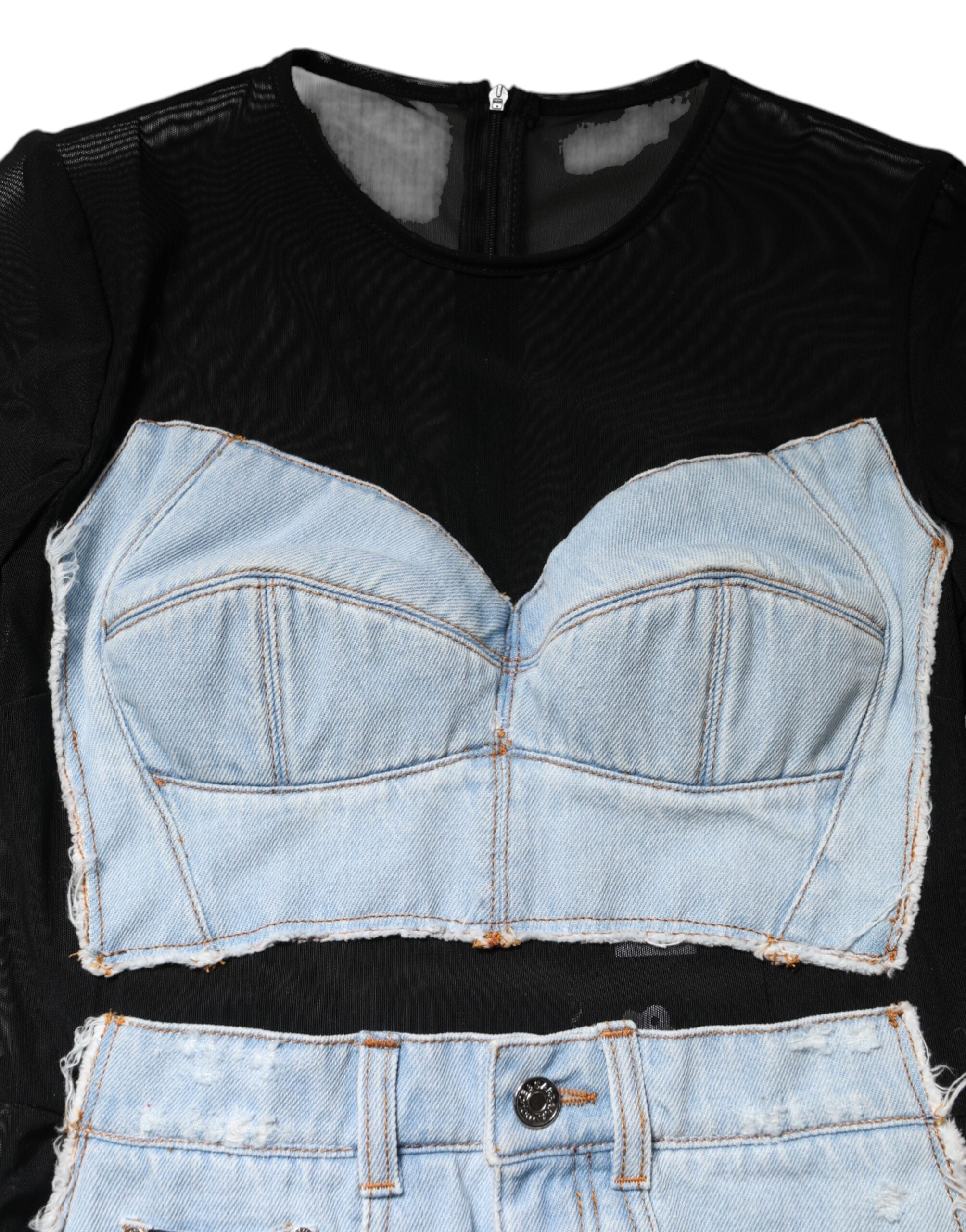 Svartblå långärmad denim miniklänning