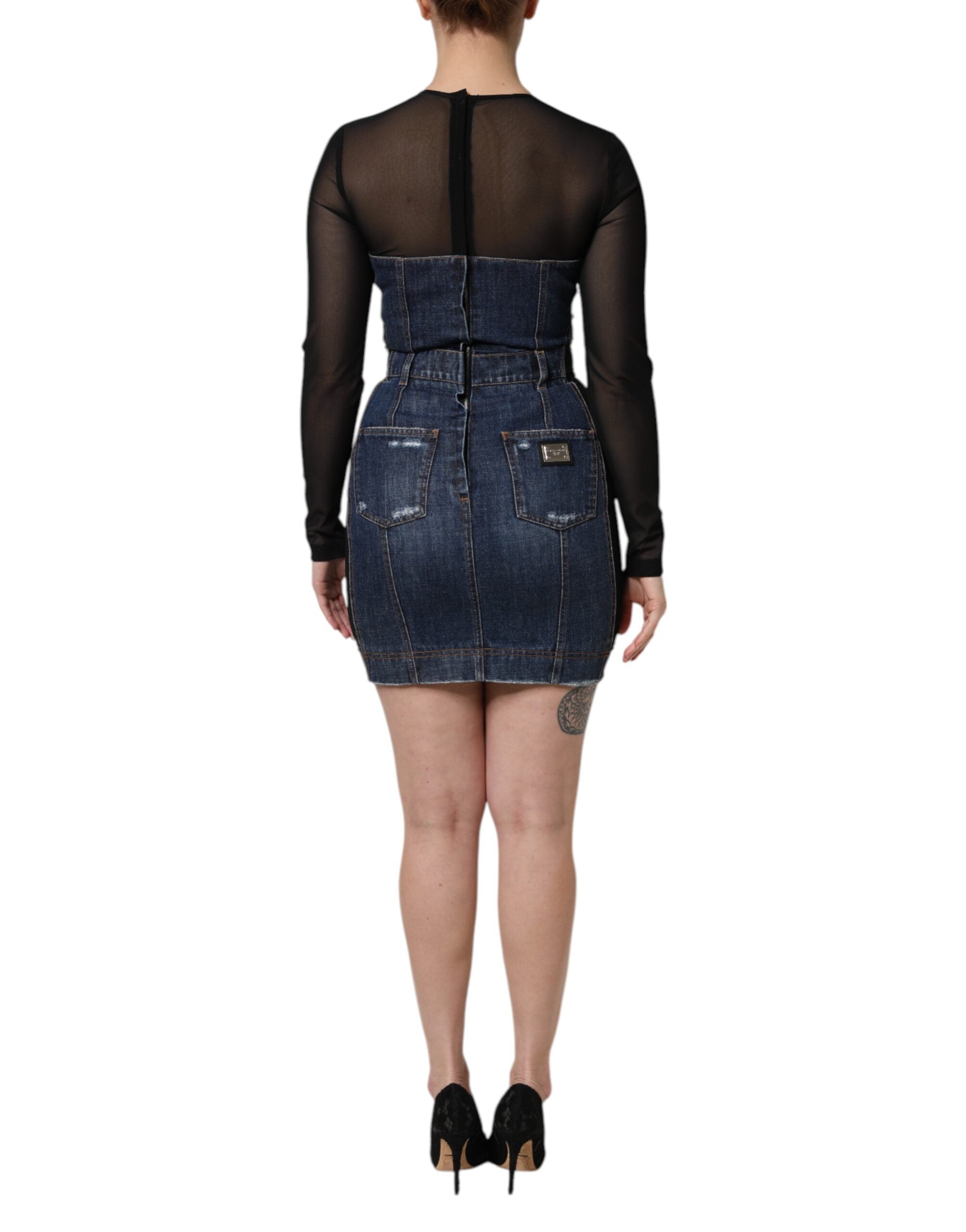 Svartblå långärmad denim miniklänning