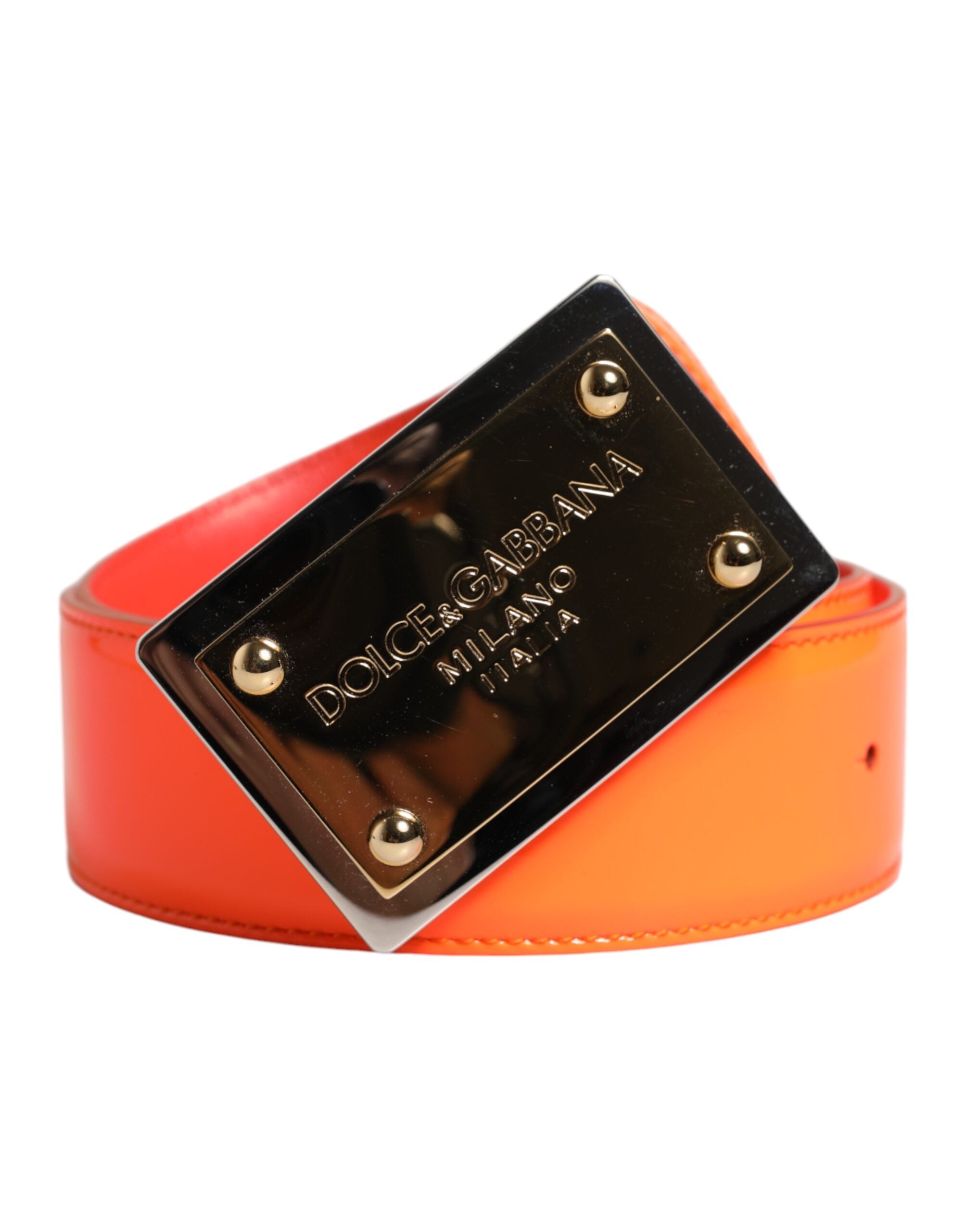 Orange guldfärgad metallbälte med logotypspänne