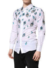 Dolce & Gabbana White Cotton Feather Print GOLD Dress Shirt