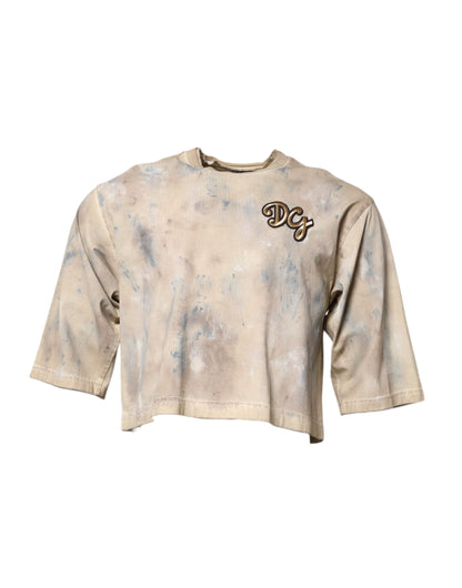 Dolce &amp; Gabbana Beige Tie Dye DG Broderi Cropped T-skjorte