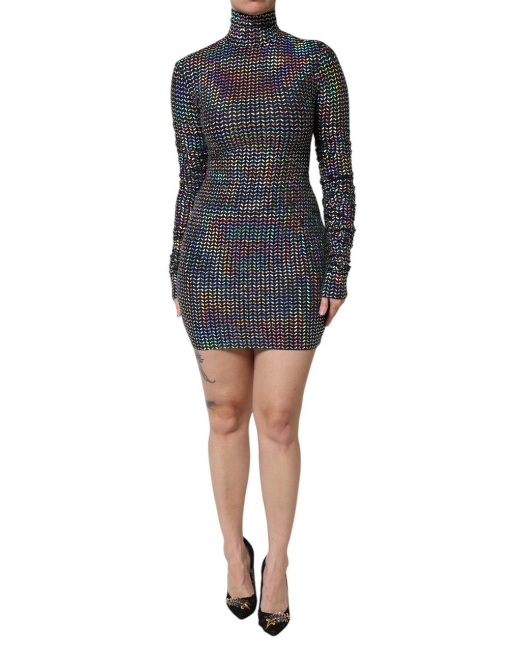 Svart utsmykket nylon bodycon minikjole