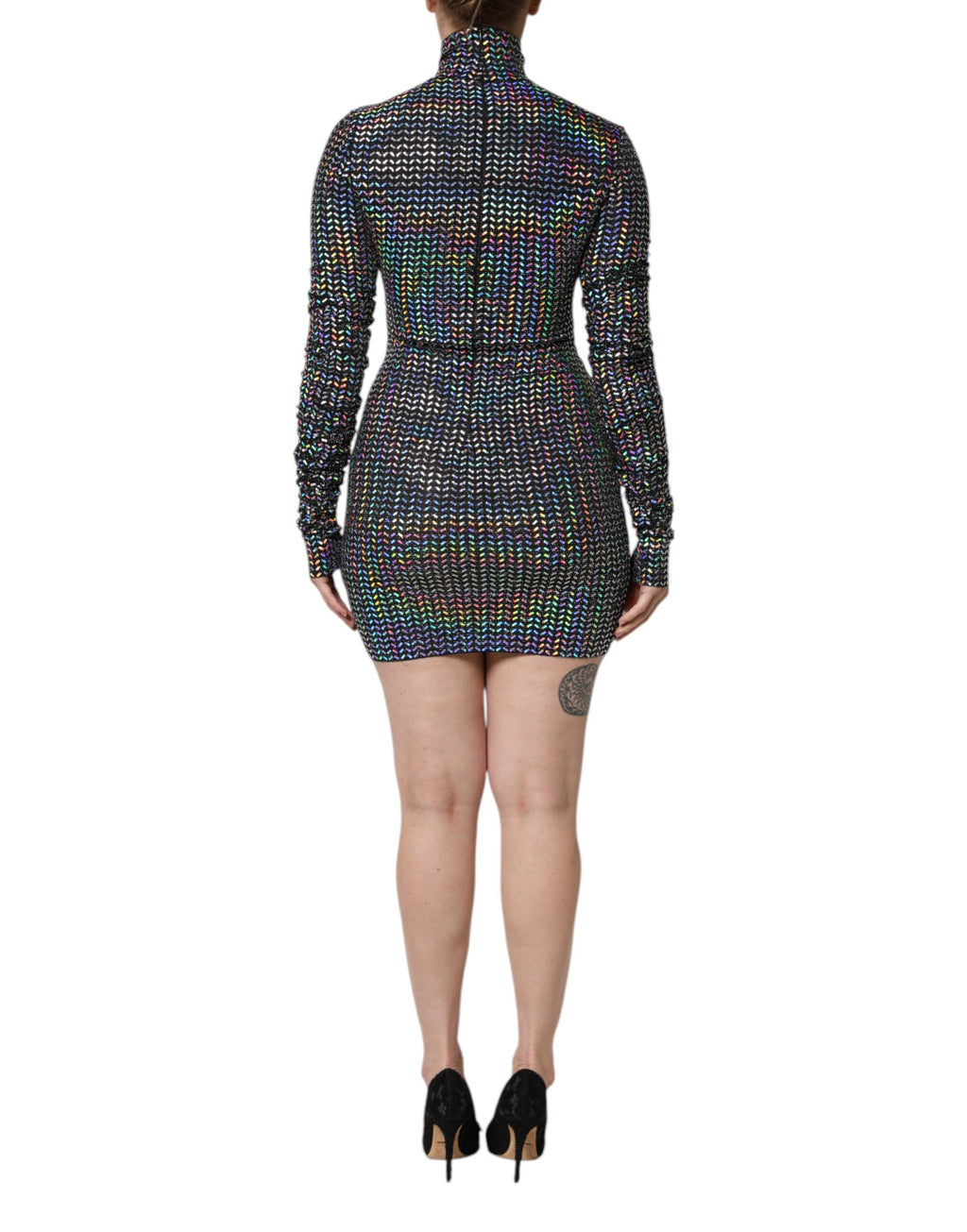 Svart utsmykket nylon bodycon minikjole