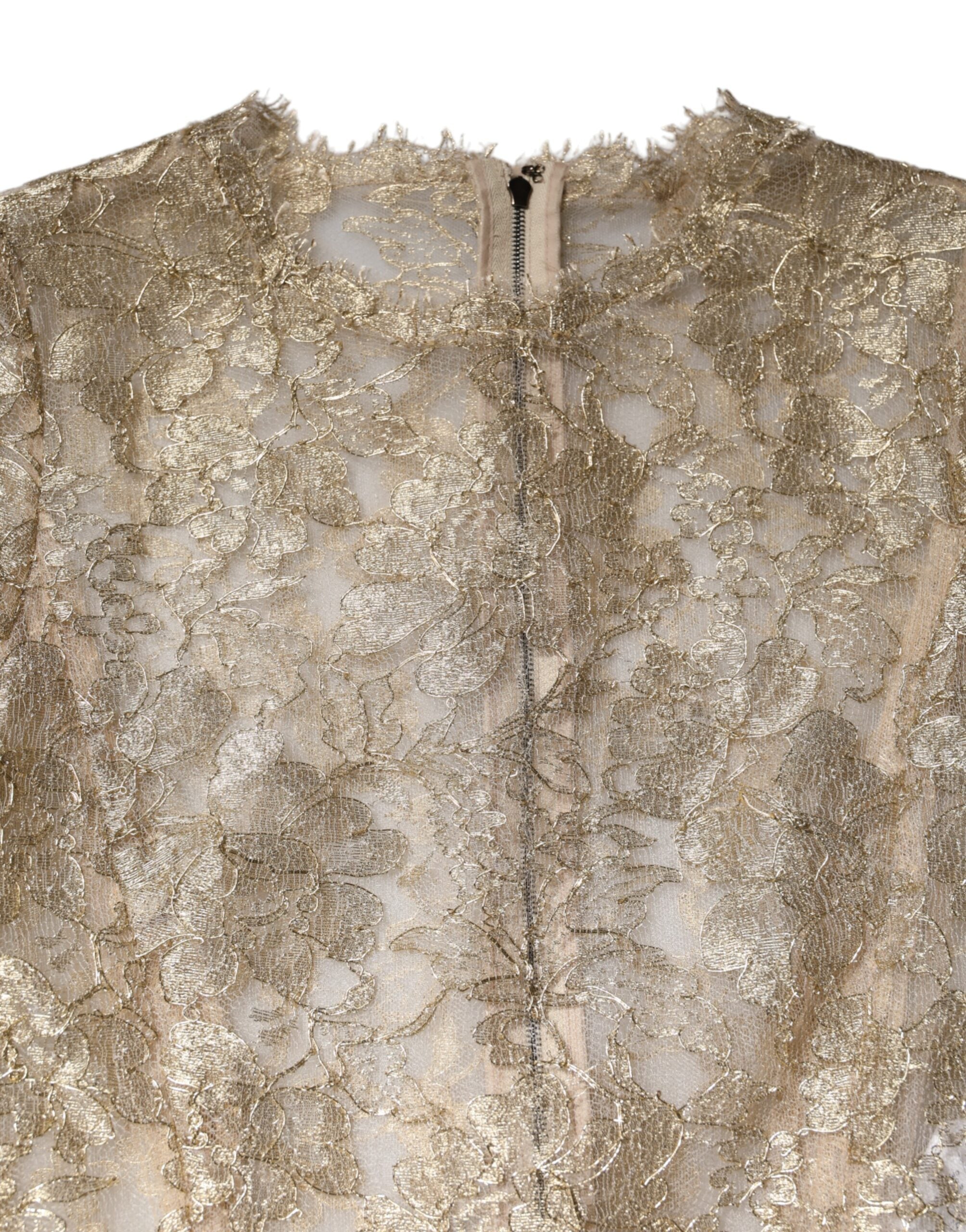 Dolce & Gabbana Gold Floral Lace Long Sleeves Fit & Flare Dress