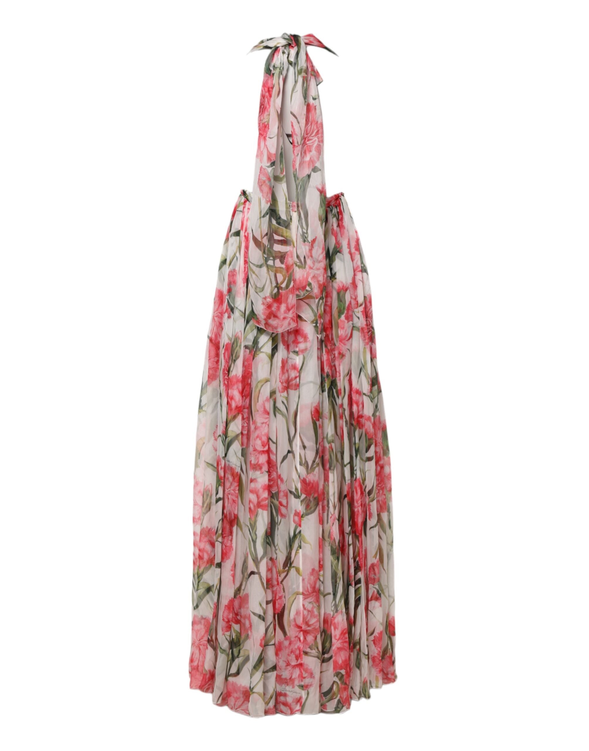 Vit Blommig Sidenklänning Med Haltermotiv Och A-linje
