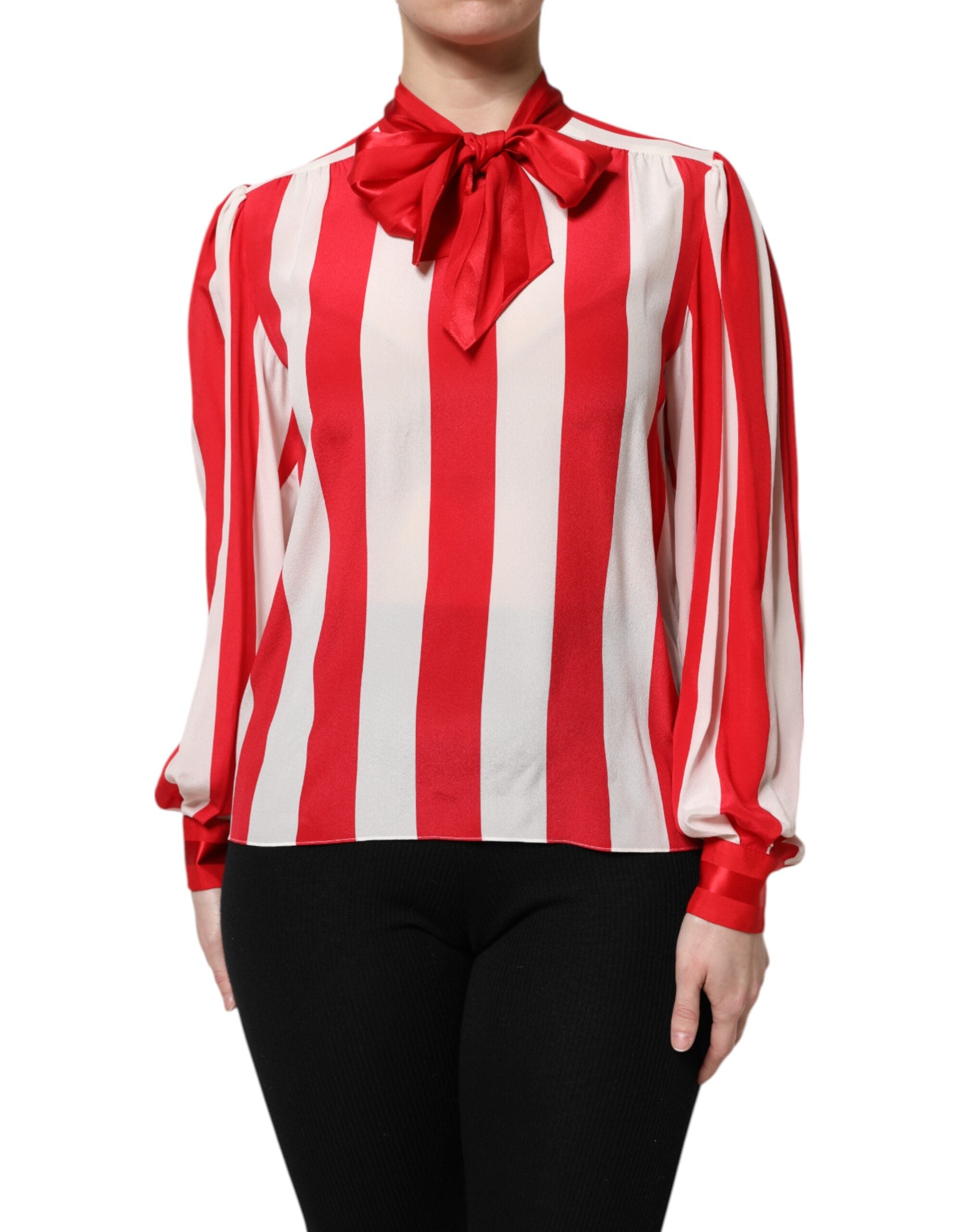Dolce & Gabbana Red White Stripes Ascot Collar Blouse Top