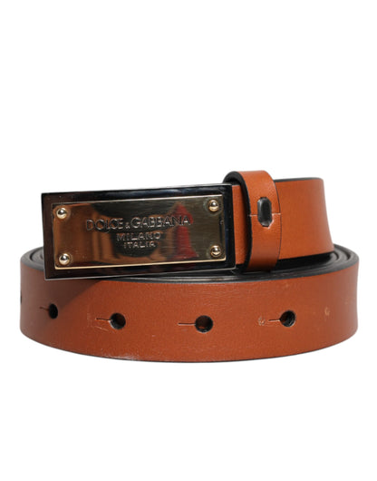 Dolce & Gabbana Brown Leather Gold Rectangle Buckle Belt