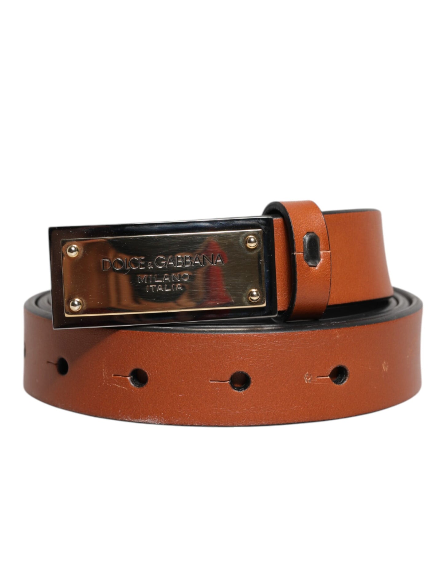 Dolce & Gabbana Brown Leather Gold Rectangle Buckle Belt