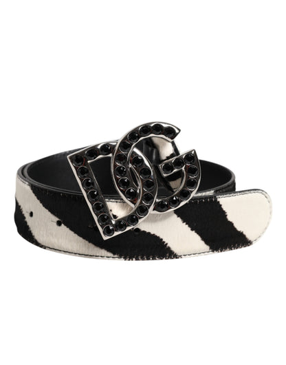 Dolce & Gabbana White Black Leather Zebra DG Crystal Buckle Belt