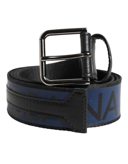 Dolce & Gabbana Black Blue DG Logo Silver Metal Buckle Belt