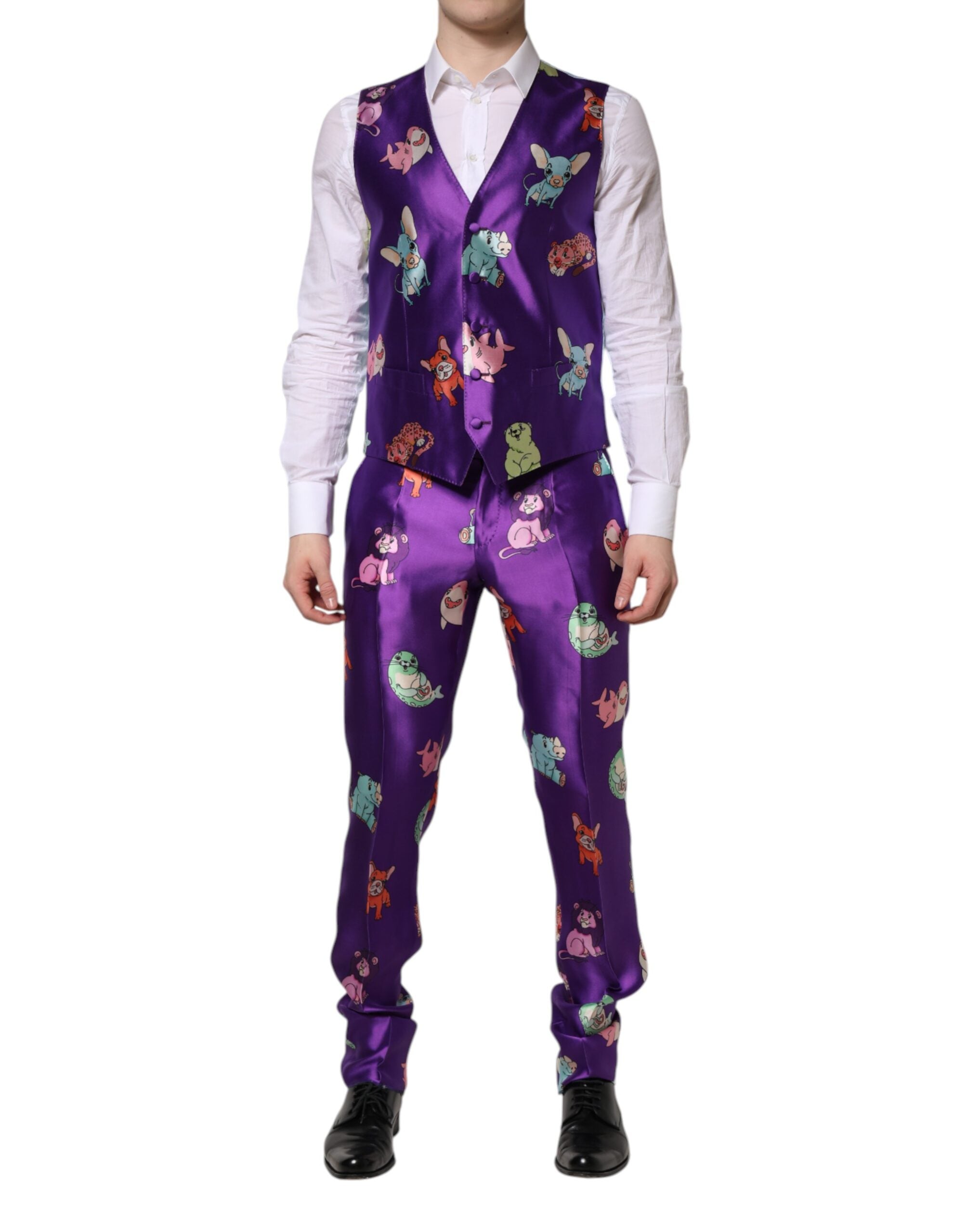 Dolce & Gabbana Purple Silk Animal Print 3 Piece Suit