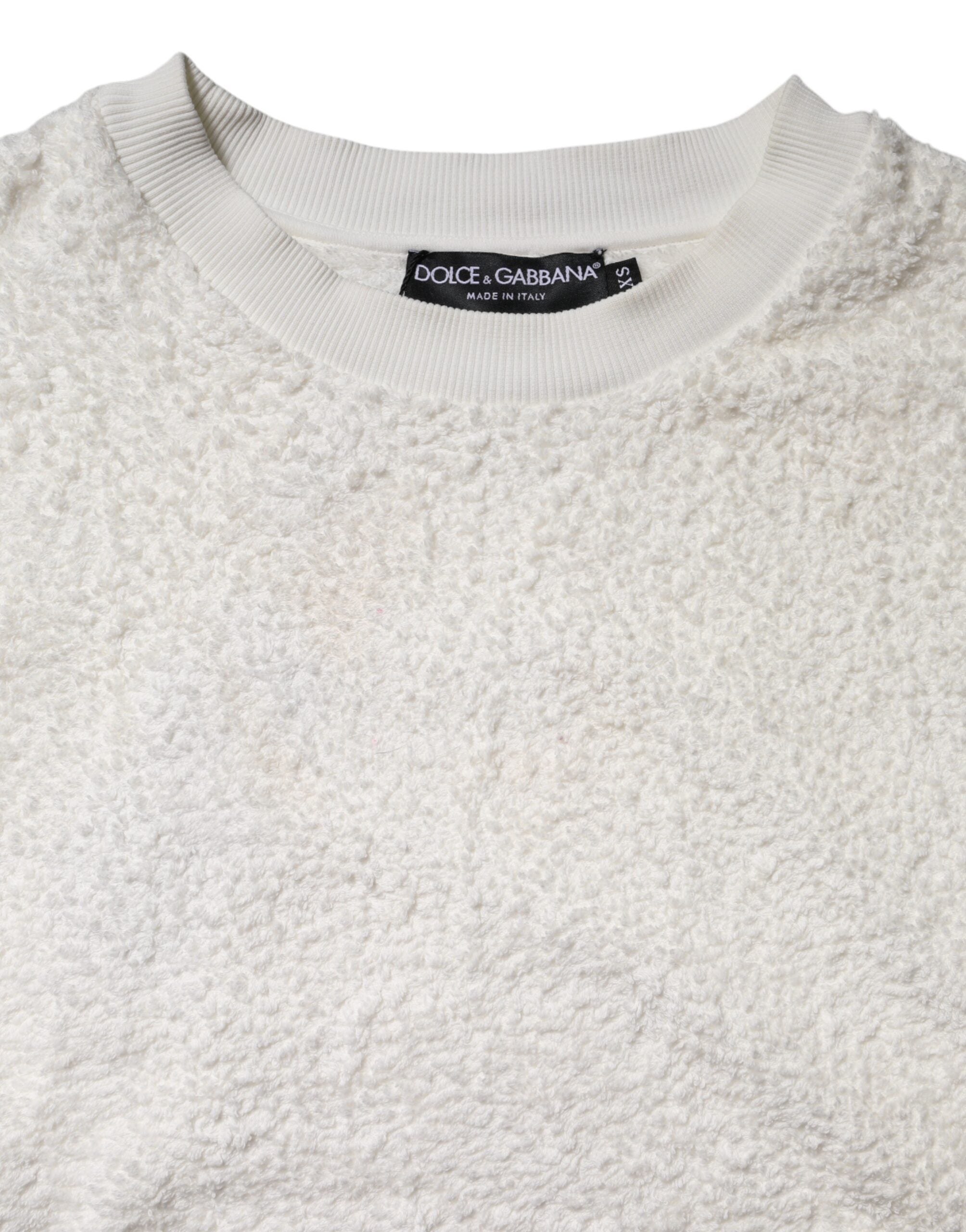 Dolce & Gabbana White Cotton Fleece Crew Neck Sweater