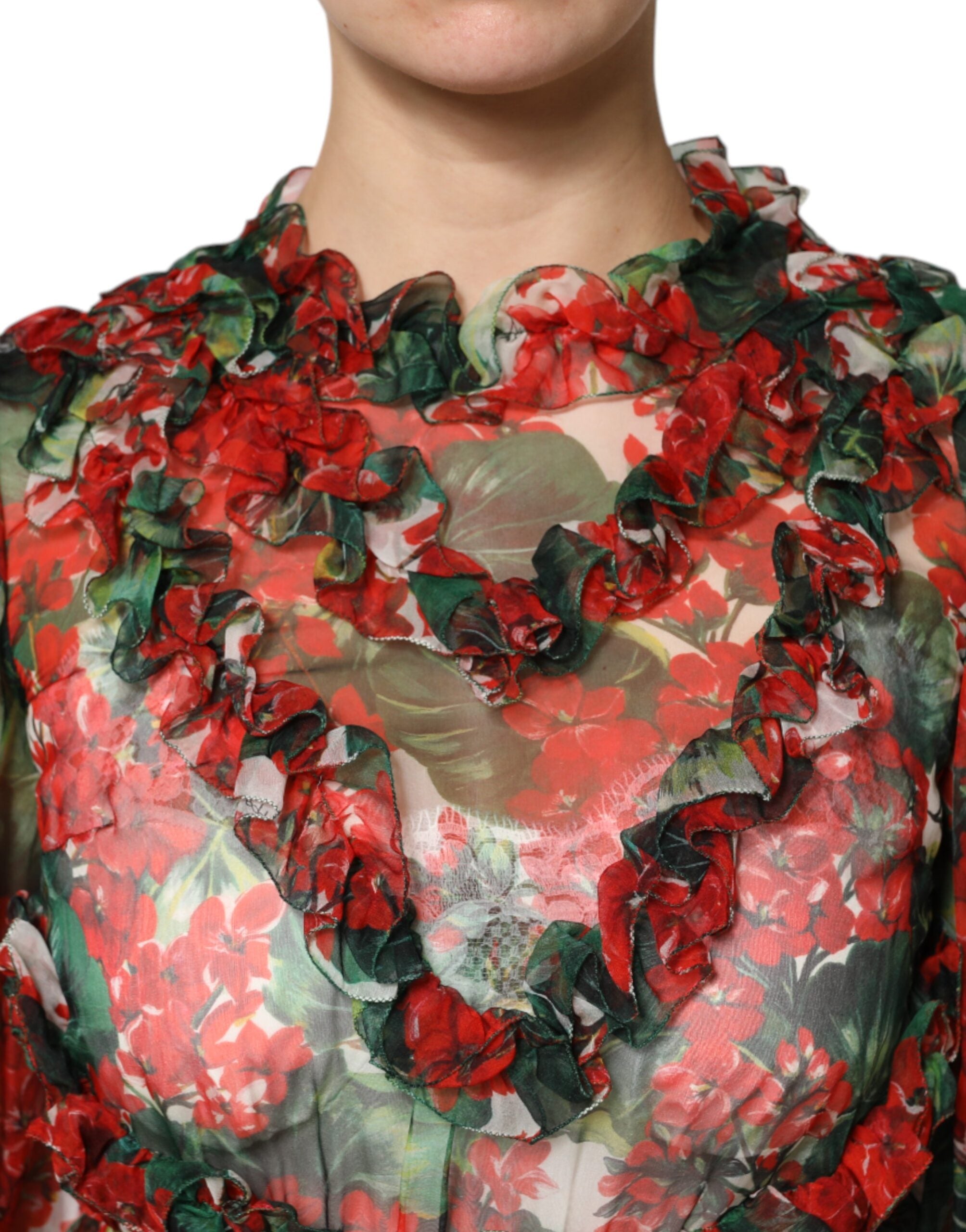 Flerfärgad volangklänning med blommigt tryck och långa ärmar