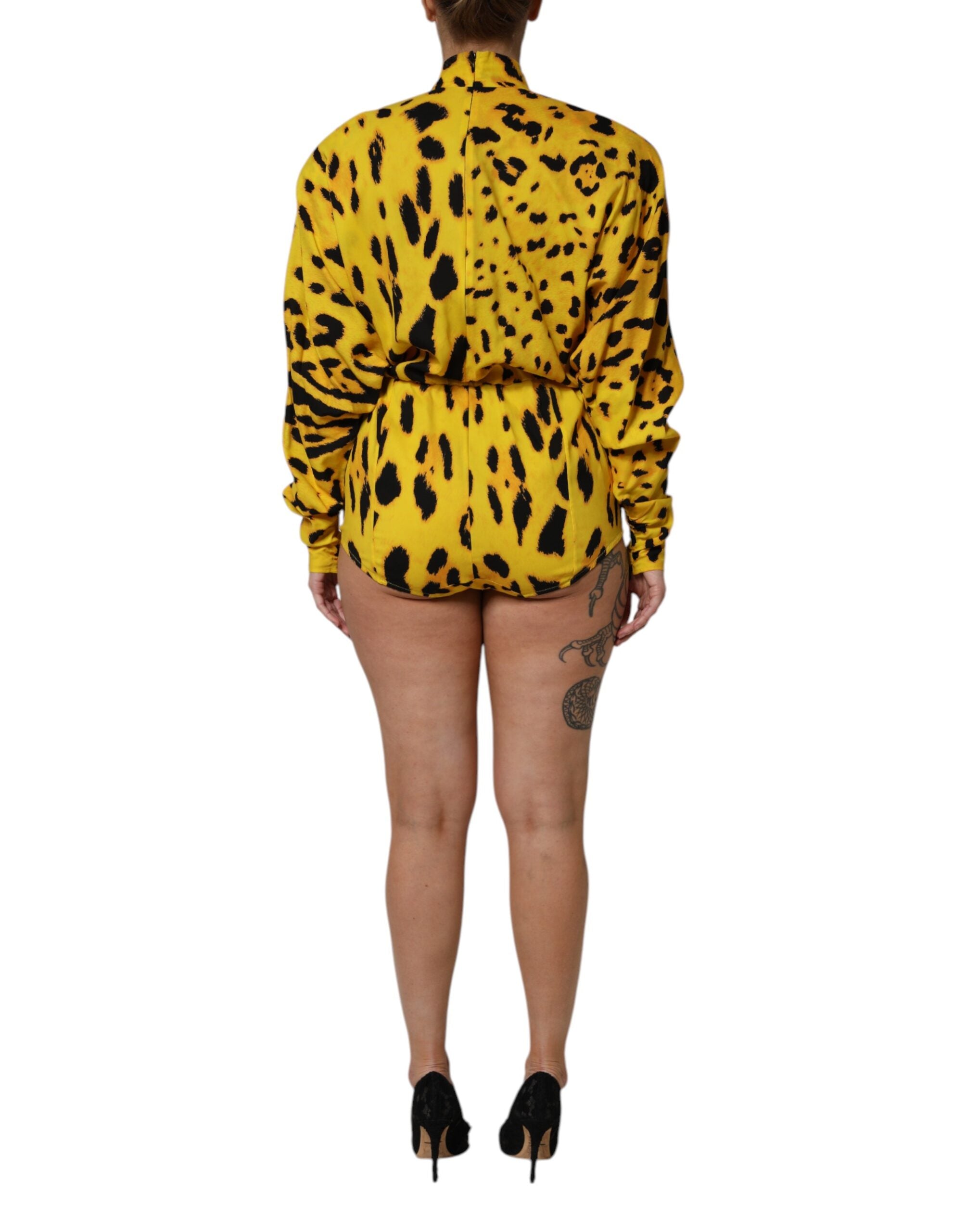 Gul Leopardfärgad Jumpsuitklänning med Långa Ärmar