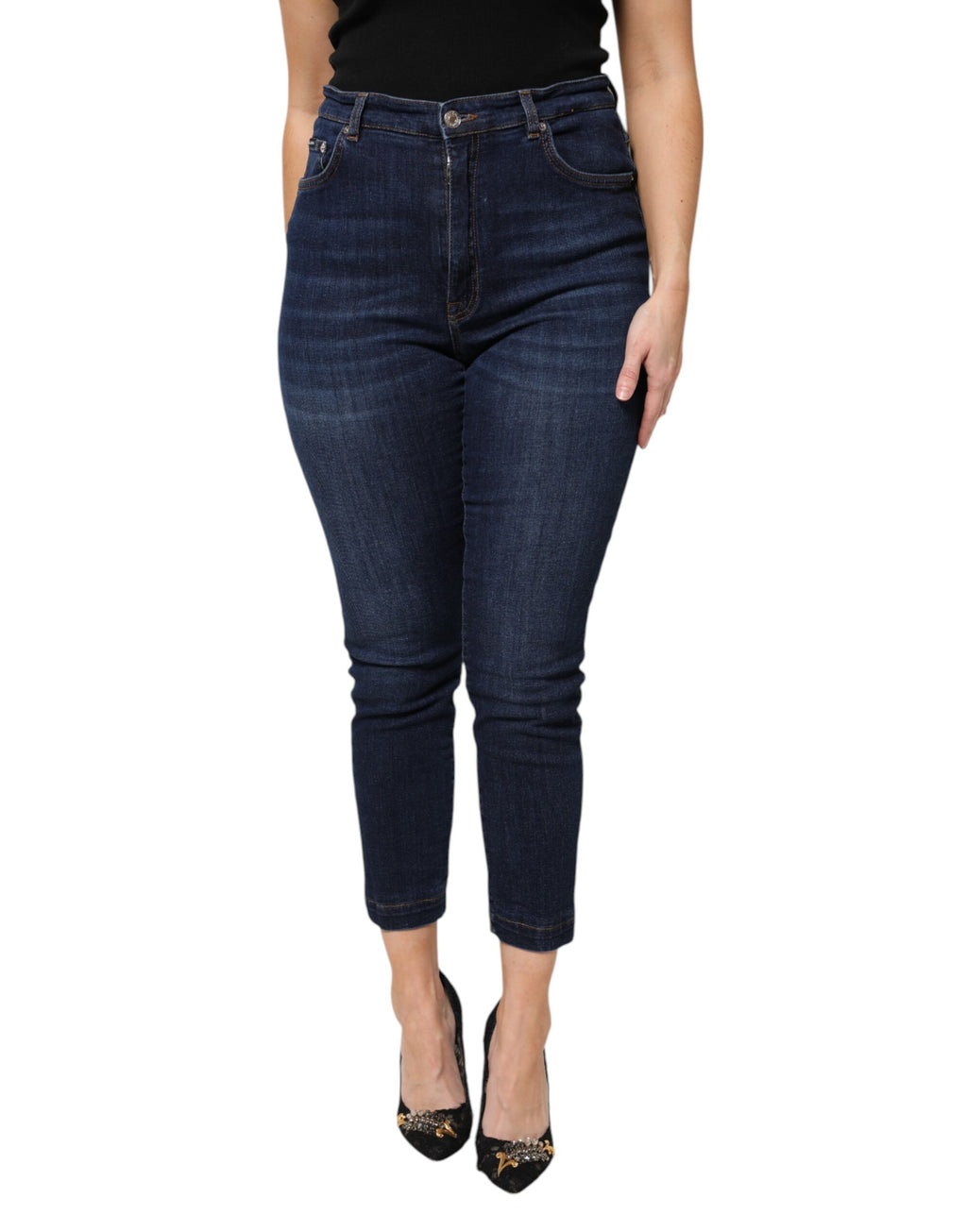 Blå bomullsjeans med hög midja och korta denimdetaljer