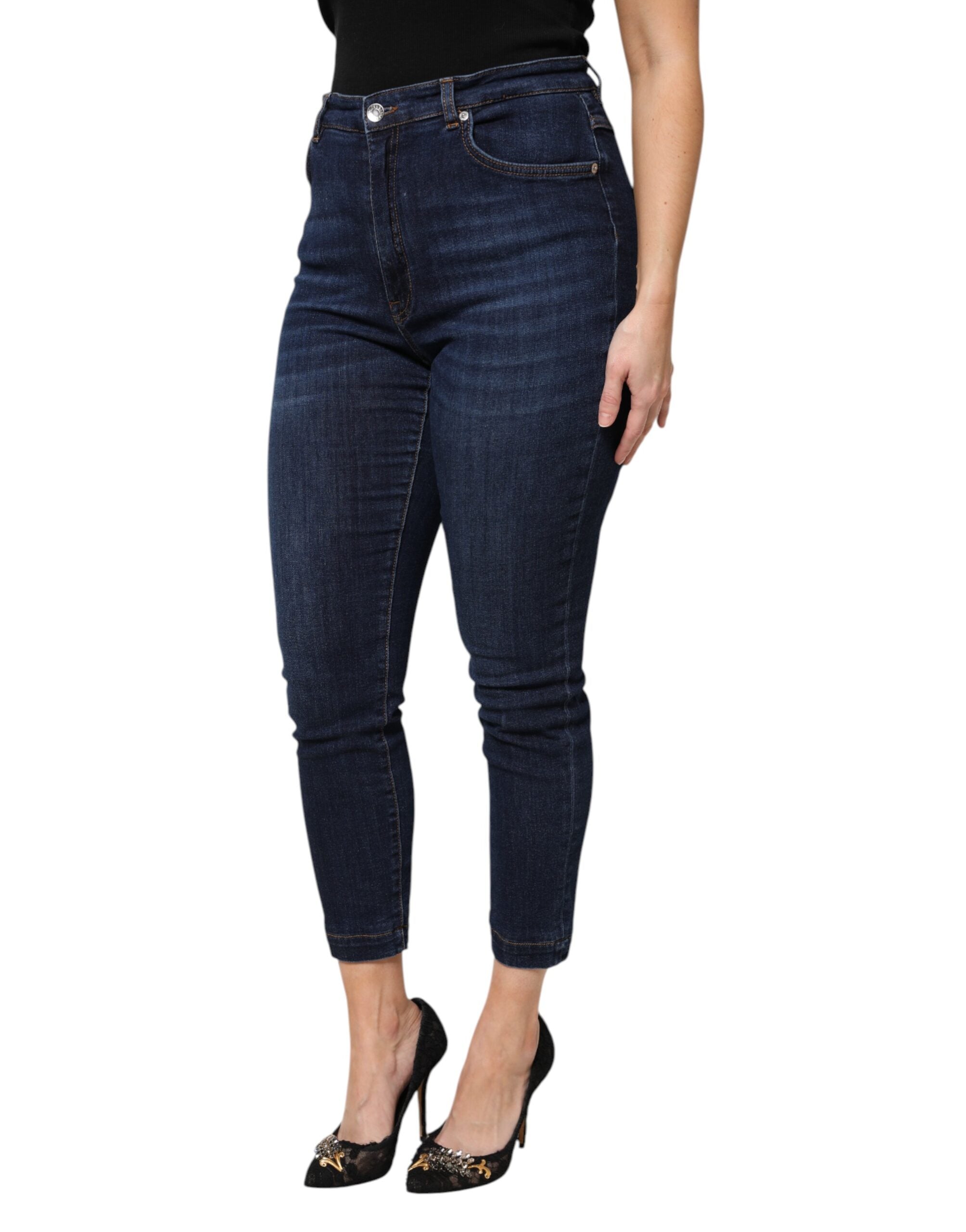 Blå bomullsjeans med hög midja och korta denimdetaljer