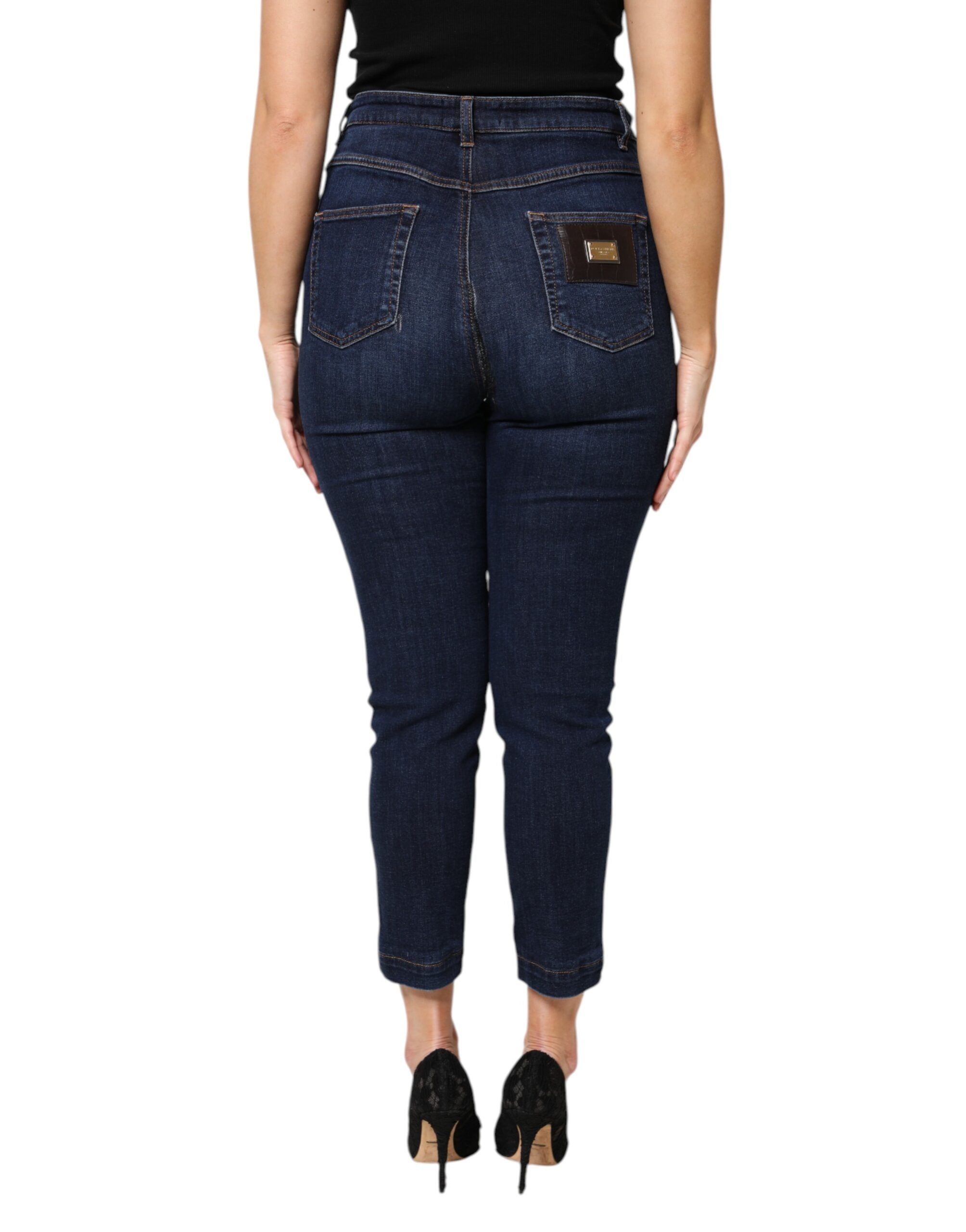 Blå bomullsjeans med hög midja och korta denimdetaljer